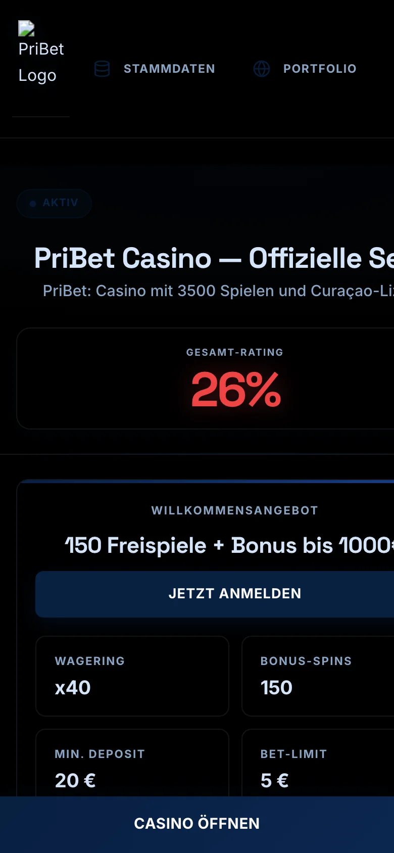 PriBet mobile lobby screenshot