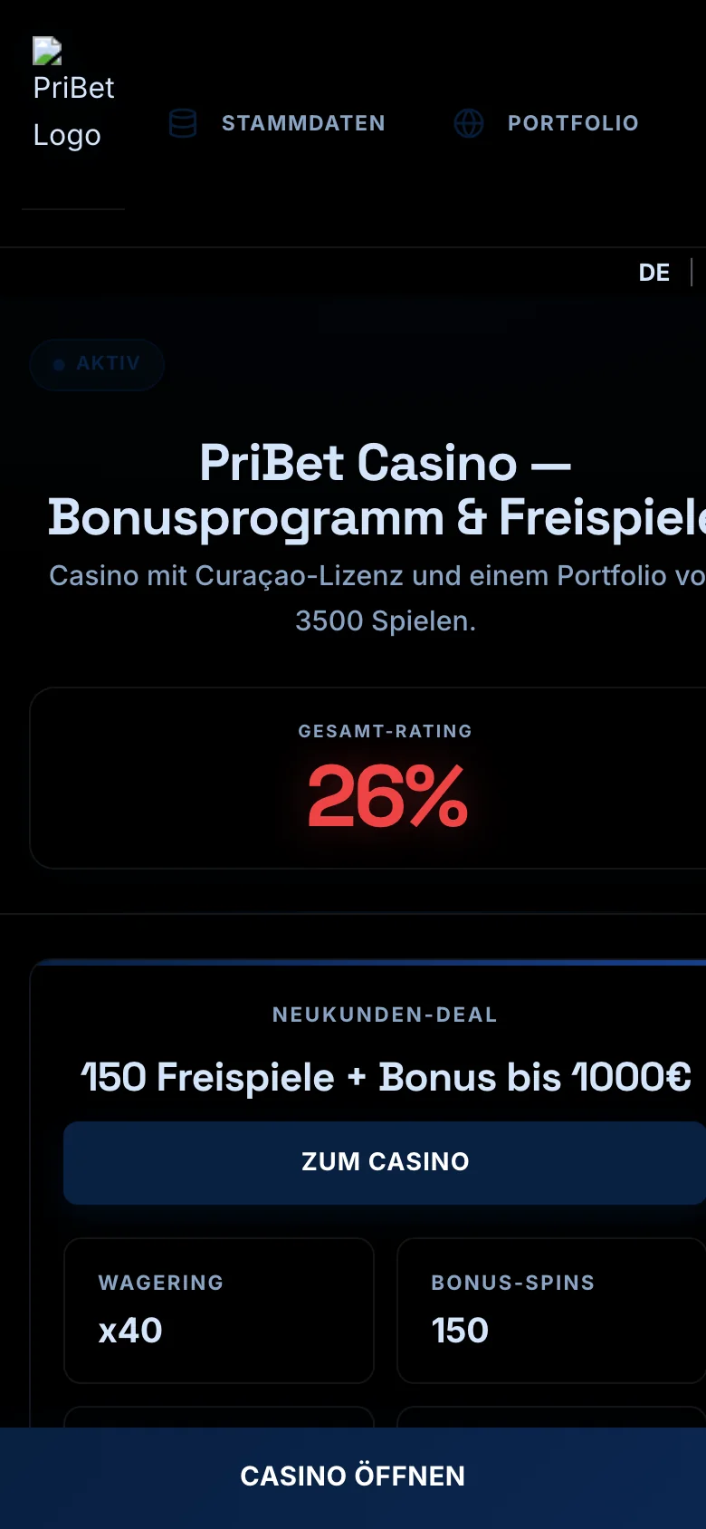 PriBet mobile lobby screenshot